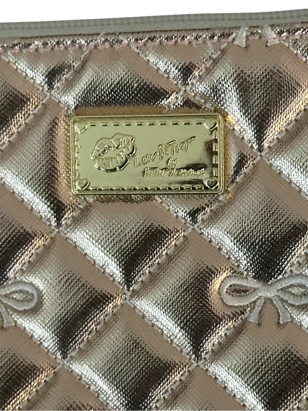 Luv Betsey Johnson Wristlet Rose Gold Quilted Clutch Bow Purse Metallic
